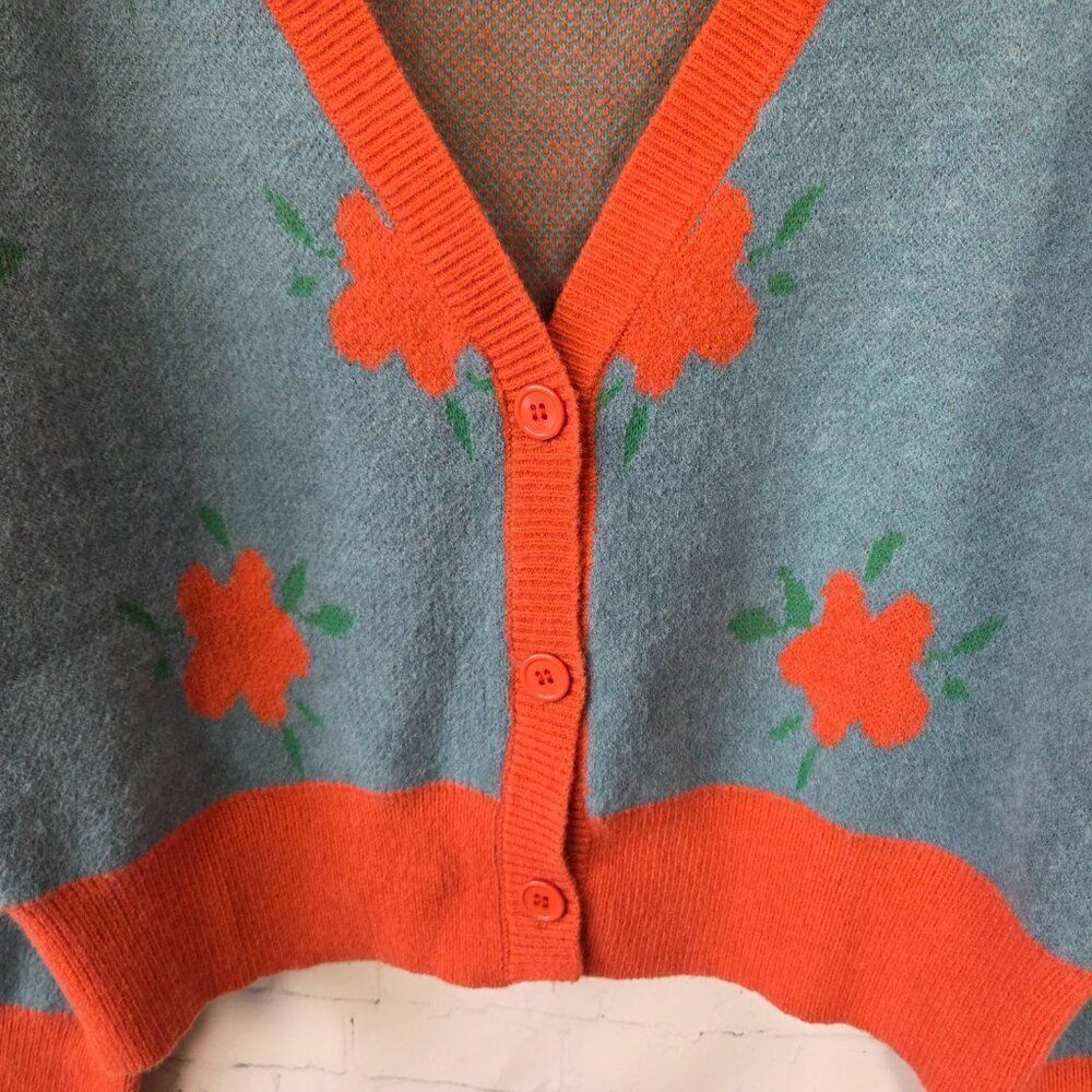 Shein Mod Oversized Cardigan Sweater Size L Blue Orange Floral Retro - Picture 4 of 8